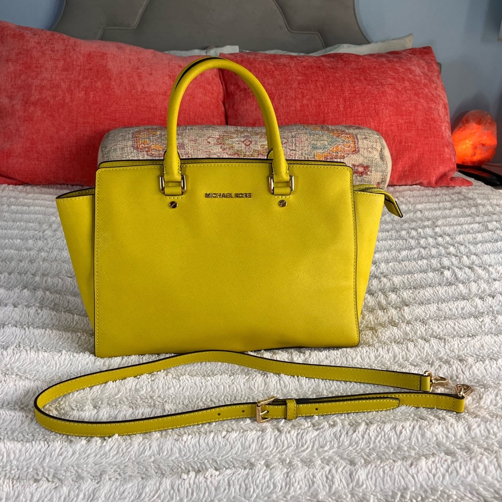 Michael Kors Selma Large Saffiano Leather Satchel Bag Apple Green - Picture 3 of 13